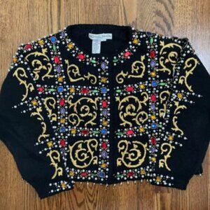 Michael Simon Vintage Embelished Cropped Sweater Cardigan Regal Black Size 2